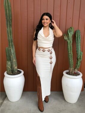 White Ribbed Halter Midi Skirt Set - Summer Style